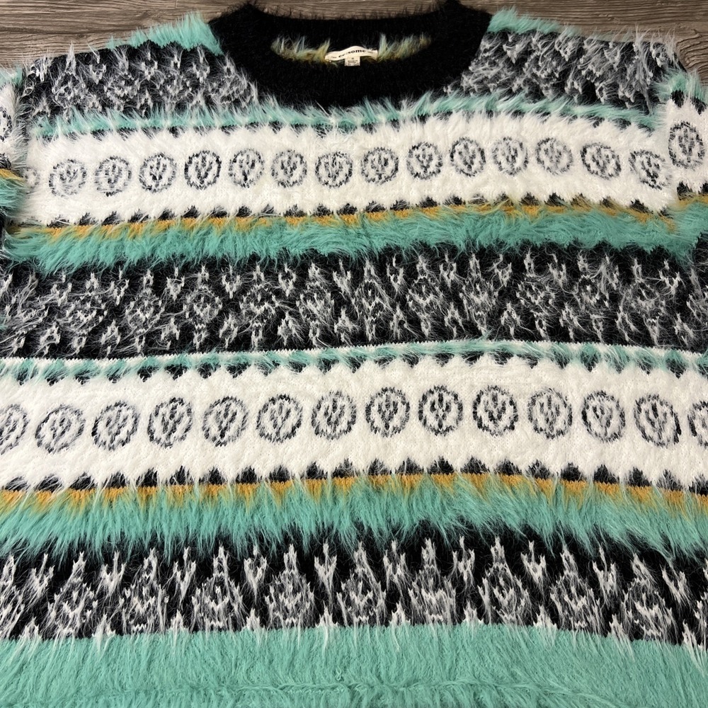 ee: some Women's Fair Isle Geometric Teal/Black/White Fuzzy Sweater Size Small - Picture 3 of 10
